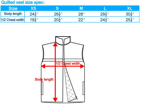 Quilted Jacket Size Chart SG