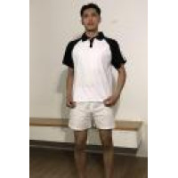 BD-MO-007 Customized men's short-sleeved POLO shirts supply black and white color matching white strips POLO shirts for real people to show real people try on POLO shirts center