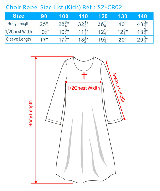 Choir Robe Size List(Kids)