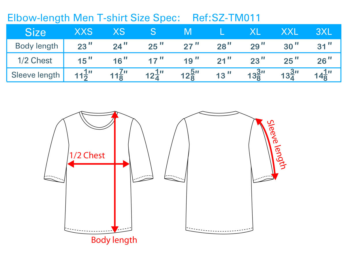 Elbow-length Men T-shirrt Size Spec