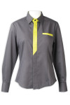 R332 Custom-made Professional Grey Women's Long Sleeve Shirt with Contrast Fluorescent Yellow Front Placket