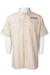 R333 Customized Embroidered Logo Lapel Shirt Men's Wear Two Pocket Short Sleeve Shirts in Twill Beige 