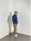 BD-MO-025 Design personality coat Model try on a black-and-blue removable hat Windbreaker jacket supplier
