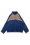 J1052 Order online for customized gold velvet jacket. Fashionable gold velvet jacket with contrasting color. Stand-up collar. Elastic cuffs. Royal blue and brown