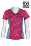 W195 Customize Ladies Sports Tee Deep Pink V-neck Athletic Shirt with Blue Contrast Collar