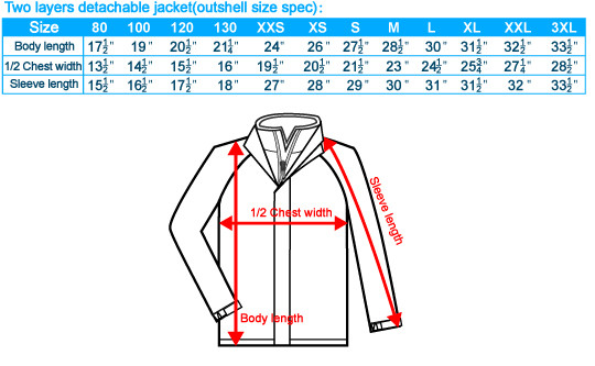 Size-List-Two layers detachable jacket-Outshell size spec-20110802