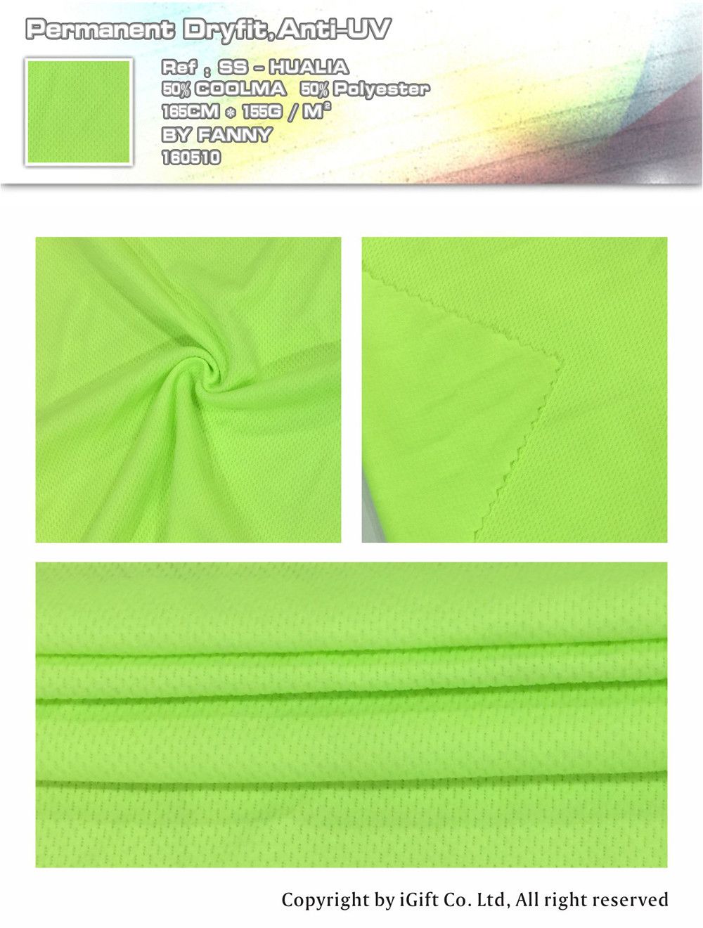 Permanent Dryfit,Anit-UV  Ref:SS-HUALIA    50％ COOLMA   50％Polyester    165CM*155G/M²   BY  FANNY   160510