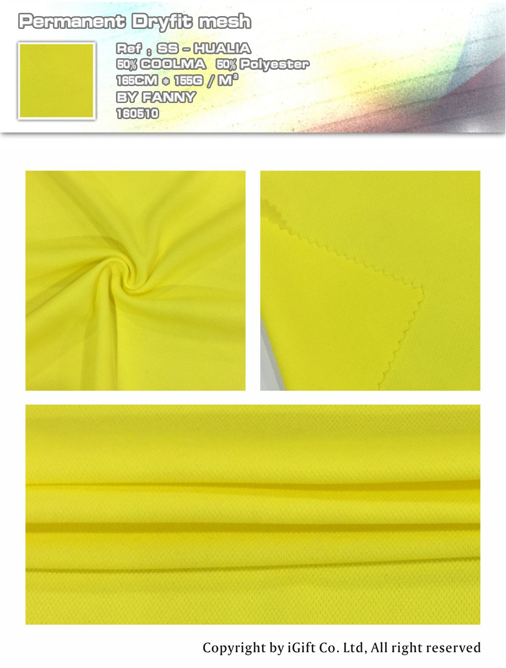 Permantne Dryfit mesh  Ref:SS-HUALIA    50％ COOLMA   50％Polyester    165CM*155G/M²   BY  FANNY   160510